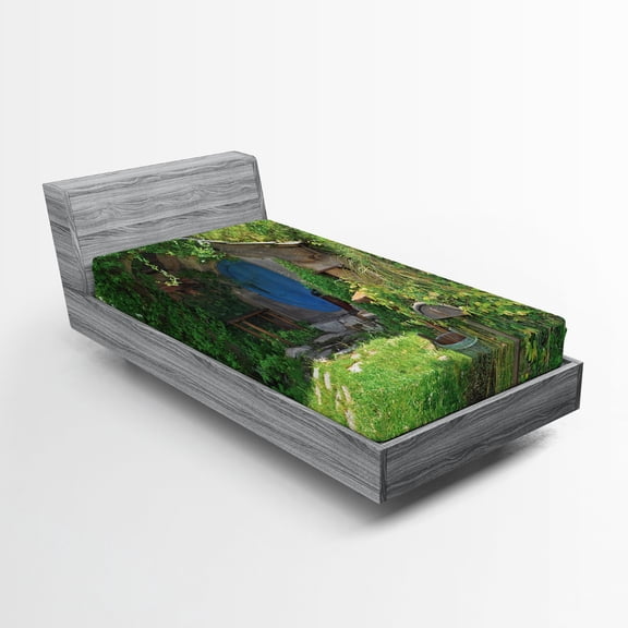 Ambesonne Hobbits Fitted Sheet, Fantasy Hobbit Land House, Twin Size, Green Brown Blue