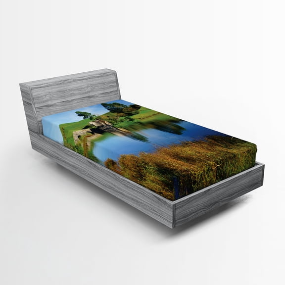 Ambesonne Hobbits Fitted Sheet, Hobbit Land Village House, Twin Size, Green Blue