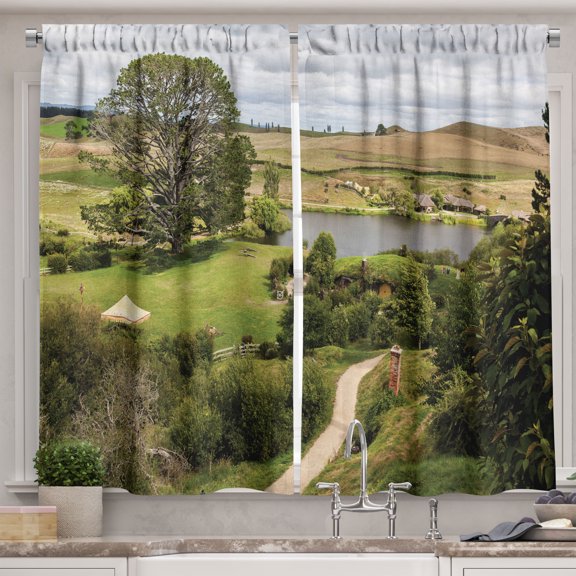 Ambesonne Hobbits Kitchen Curtains, Overhill Matamata, 55"x45", Green Brown