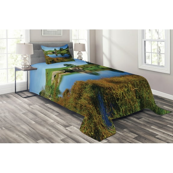 Ambesonne Hobbits Quilted Coverlet 2 Pcs, Hobbit Land Village House, Twin Size, Green Blue