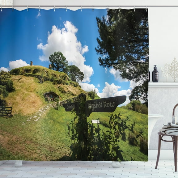 Ambesonne Hobbits Shower Curtain, Overhill Hobbit Village, 69"Wx84"L, Green Blue