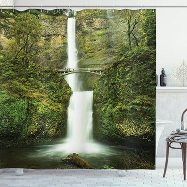 Ambesonne Hobbits Shower Curtain, Waterfall Oregon Bridge, 69"Wx75"L, Green