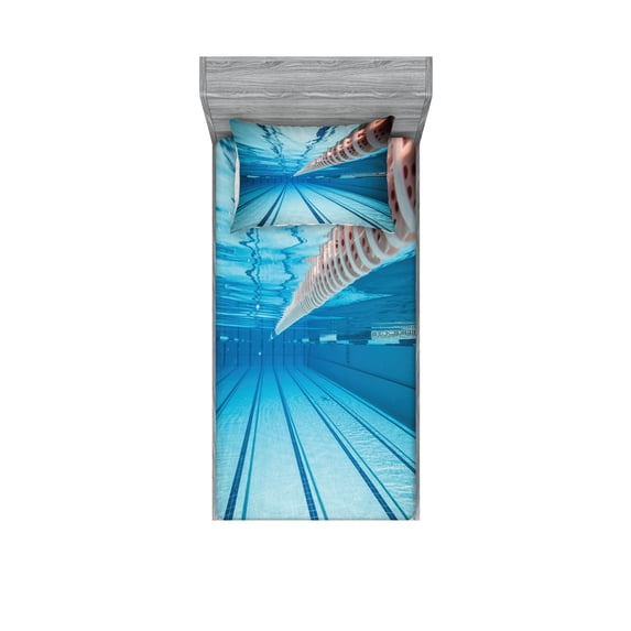 Ambesonne Hobby Fitted Sheet & Pillow Sham Set, Swimming Pool Sports View, Twinxl, Sky Blue
