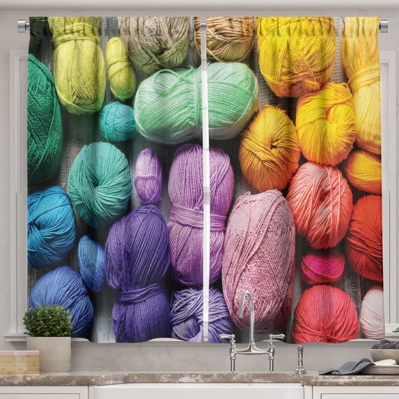 Ambesonne Hobby Kitchen Curtains, Colorful Knitting Yard View, 55"x45", Earth Yellow Blue Violet