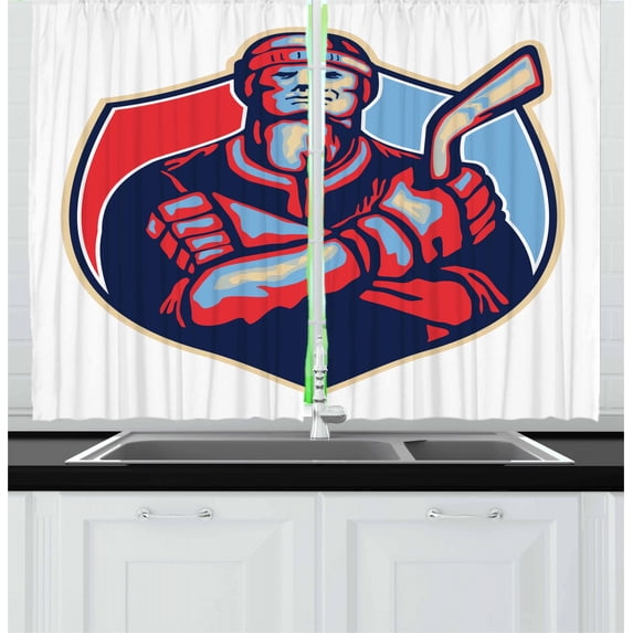 Ambesonne Hockey Kitchen Curtains, Player Holding Stick, 55"x39", Dark Coral Pale Blue