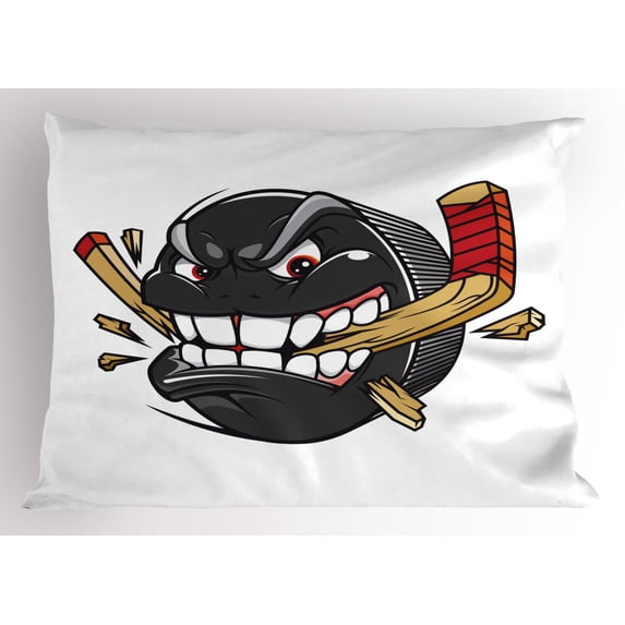 Ambesonne Hockey Pillow Sham, Cartoon Puck Bites Stick, 26" X 20", Multicolor