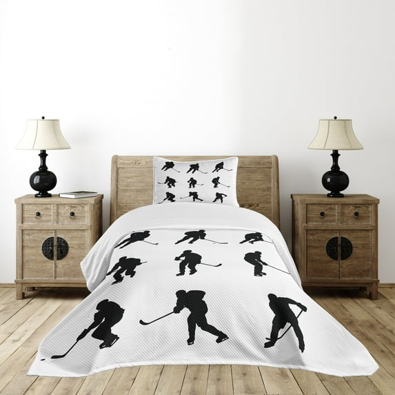 Ambesonne Hockey Quilted Bedspread Set 2 Pcs, Black Player Silhouettes, Twin Size, Black White