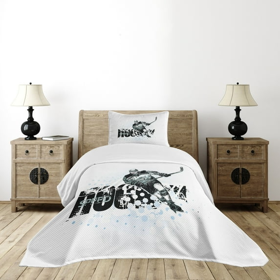 Ambesonne Hockey Quilted Bedspread Set 2 Pcs, Grunge Player Sketch, Twin Size, Black White Pale Blue