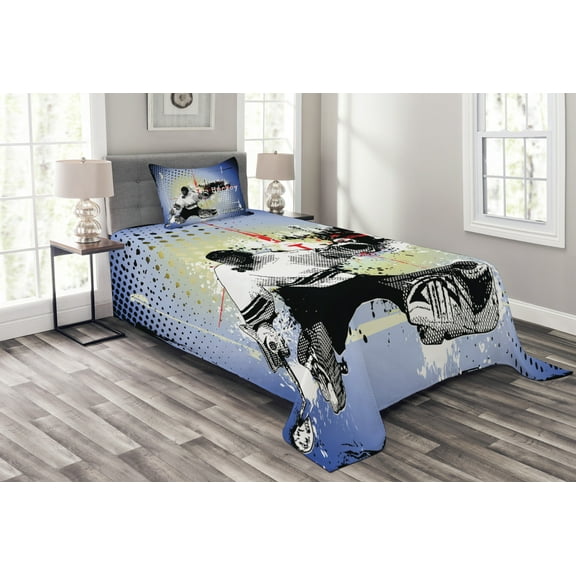 Ambesonne Hockey Quilted Bedspread Set 2 Pcs, Player Snow Cityscape, Twin Size, Multicolor