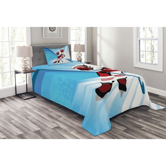 Ambesonne Hockey Quilted Bedspread Set 2 Pcs, Player Strong Shot Goal, Twin Size, Blue Red White