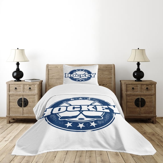 Ambesonne Hockey Quilted Bedspread Set 2 Pcs, Vintage Sticks Stars, Twin Size, Navy Blue White