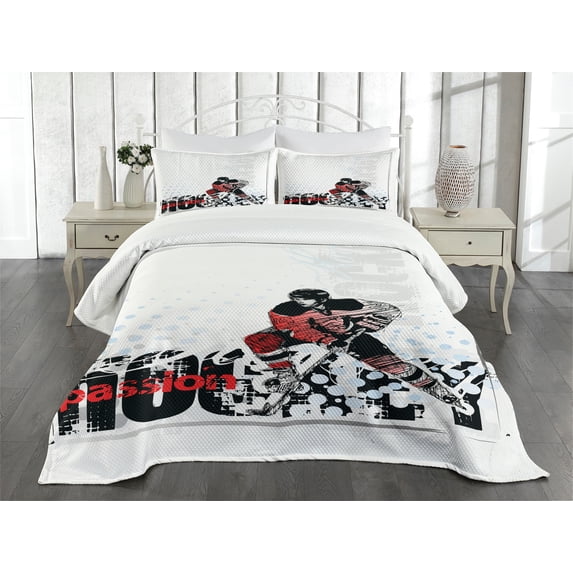 Ambesonne Hockey Quilted Bedspread Set 3 Pcs, Goalie Playing Art, Queen Size, Multicolor