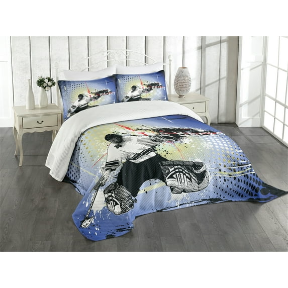 Ambesonne Hockey Quilted Bedspread Set 3 Pcs, Player Snow Cityscape, Queen Size, Multicolor