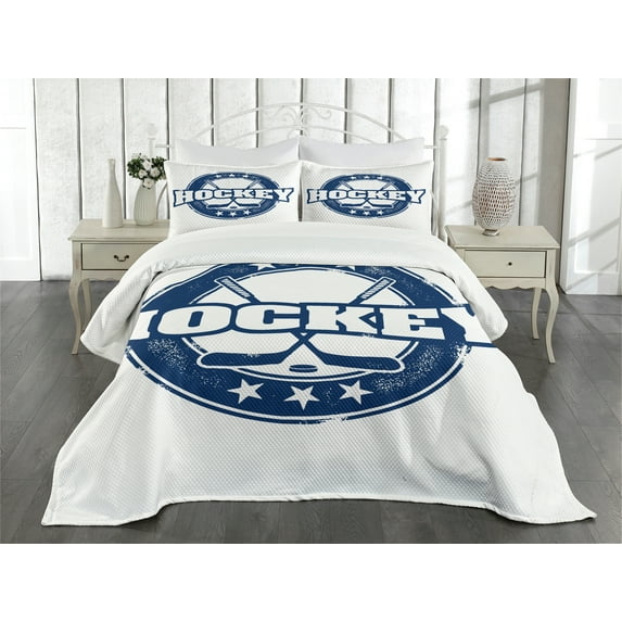 Ambesonne Hockey Quilted Bedspread Set 3 Pcs, Vintage Sticks Stars, King Size, Navy Blue White
