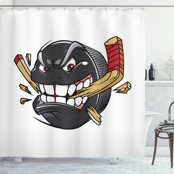 Ambesonne Hockey Shower Curtain, Cartoon Puck Bites Stick, 69"Wx84"L, Multicolor