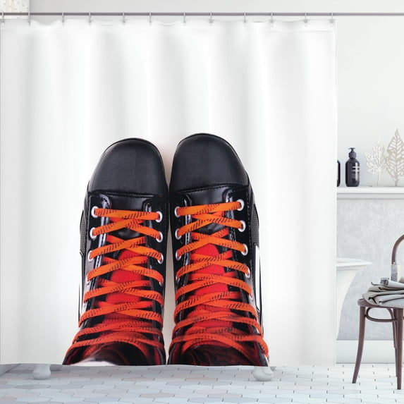 Ambesonne Hockey Shower Curtain, Ice Skate Shoes Laces Art, 69"Wx75"L, White Dark Grey and Vermilion