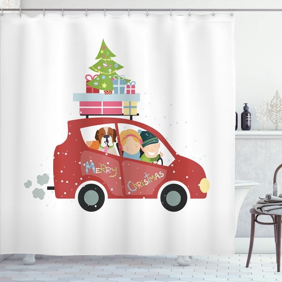Ambesonne Holiday Christmas Time Shower Curtain, Family Ride, 69"Wx75"L, Rust Multicolor