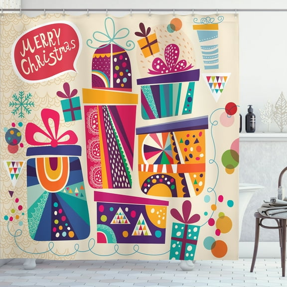 Ambesonne Holiday Christmas Time Shower Curtain, Gifts Scene, 69"Wx75"L, Champagne Multicolor