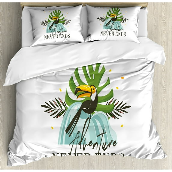 Ambesonne Holiday Duvet Cover Set, Adventure Never Ends Words, 2-Calking, Green Seafoam and Grey