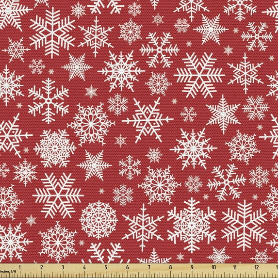 Ambesonne Holiday Fabric by the Yard Upholstery, Christmas Snowflakes Winter, 1 Yard, White and Vermilion