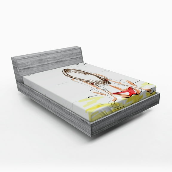 Ambesonne Holiday Fitted Sheet, Sketch Beach Summer, Queen Size, Yellow White