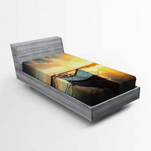 Ambesonne Holiday Fitted Sheet, Sunset at Harbor Boat, Twin XL Size, Pale Yellow