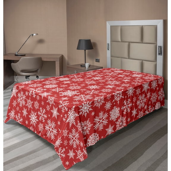 Ambesonne Holiday Flat Sheet, Christmas Snowflakes Winter, Twin Size, White and Vermilion