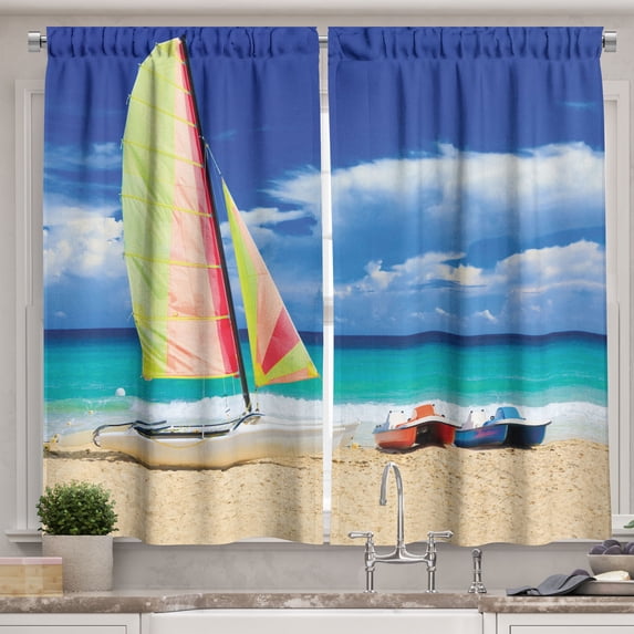Ambesonne Holiday Kitchen Curtains, Ocean Sailing Exotic, 55"x45", Blue Cream