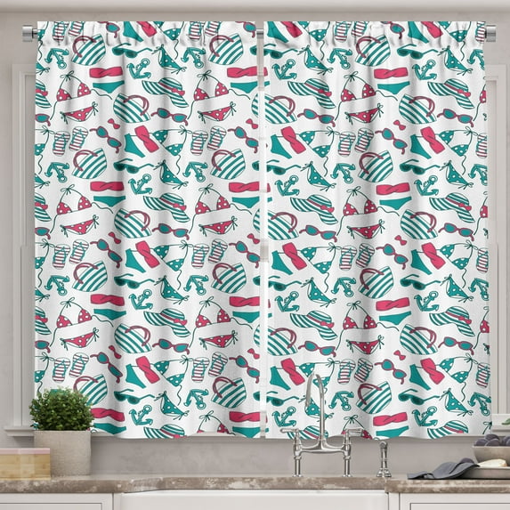 Ambesonne Holiday Kitchen Curtains, Summer Pop Art Bikini Bag, 55"x36", White Teal Dark Coral