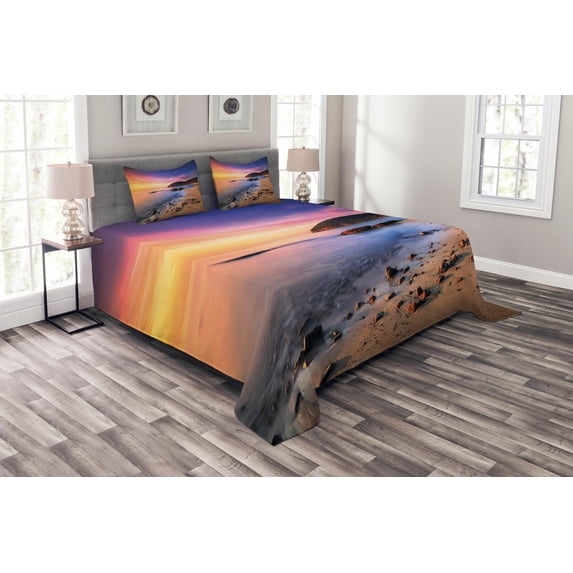 Ambesonne Holiday Quilted Bedspread Set 3 Pcs, Beach Pebbles Sunrise, Queen Size, Multicolor