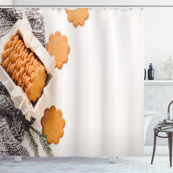 Ambesonne Holiday Shower Curtain, Ginger Biscuits Xmas Print, 69"Wx70"L, Off White Apricot and Grey