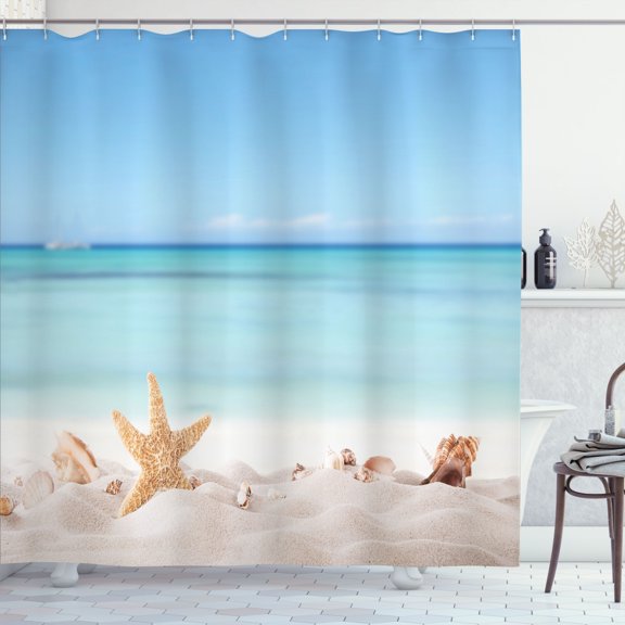 Ambesonne Holiday Shower Curtain, Summer Tropical Beach View, 69"Wx70"L, Pale Azure Blue Beige