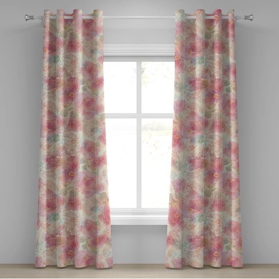 Ambesonne Hollyhock Grommet Curtain, Outline Floral Patterns, 50"x72", Pale Pink Peach Coral