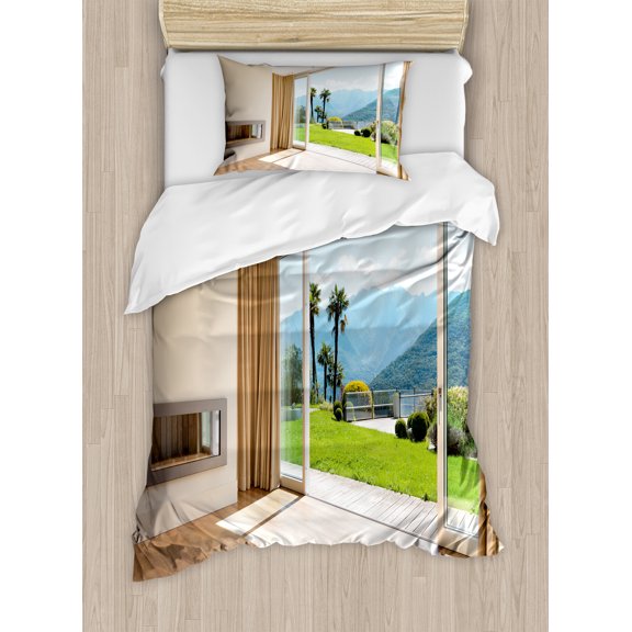 Ambesonne Home Duvet Cover Set, Room Scenic View, Twin, Pale Brown Green White