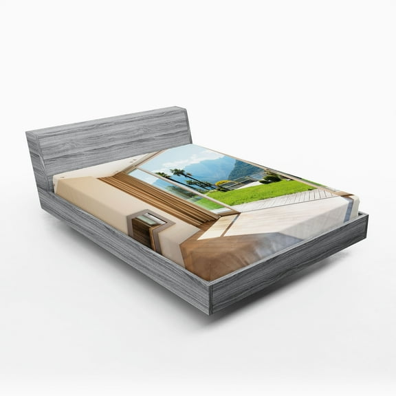 Ambesonne Home Fitted Sheet, Room Scenic View, Full Size, Pale Brown Green White