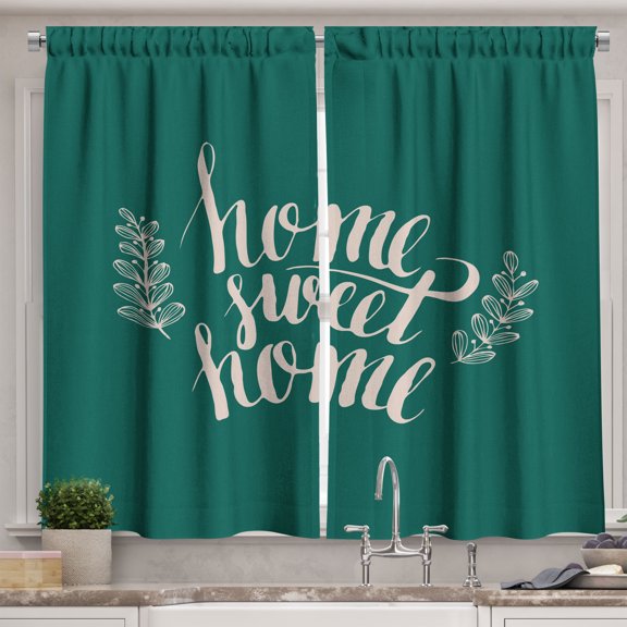 Ambesonne Home Saying Kitchen Curtains, Abstract Brush Cursive, 55"x36", Hunter Green and Tan