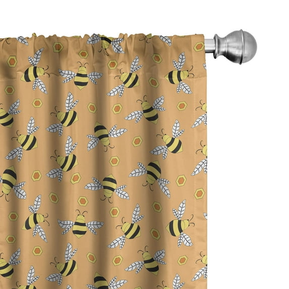 Ambesonne Honey Bee Window Curtains, Flies and Hexagon Shapes, Each 28" W x 84" L, Orange Mustard