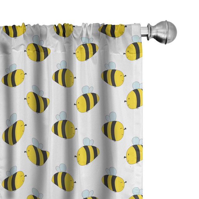 Ambesonne Honey Bee 4-Panel Curtains, Graphical Flying Insects, 56"x95", Yellow Charcoal Grey