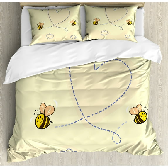 Ambesonne Honey Bee Duvet Cover Sets, Buzzing Flies Heart Shape, 2-King, Pale Yellow Champagne