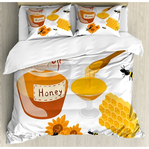 Ambesonne Honey Bee Duvet Cover Sets, Spoon Jar and Sunflowers, 2-King, Orange and Multicolor
