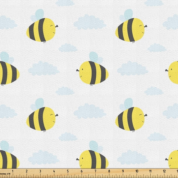 Ambesonne Honey Bee Fabric by the Yard Upholstery, Stinging Animals Clouds, 2 Yards, Yellow Pale Blue