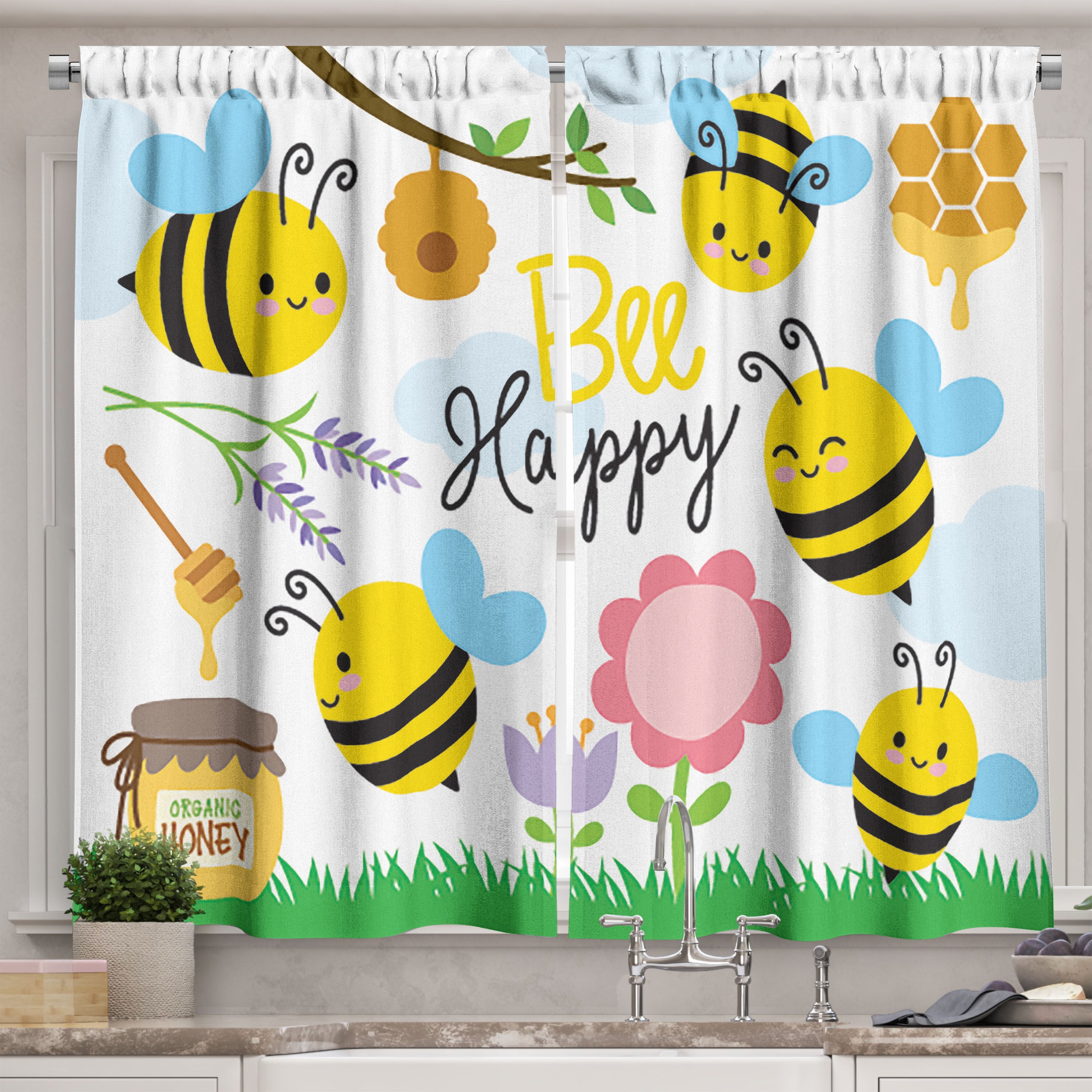 Bee Happy Multicolor Polyester Light-Filtering Kitchen Tier Curtains
