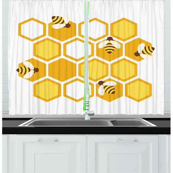 Ambesonne Honey Bee Kitchen Curtains, Geometric Honeycomb Bees, 55"x45", Earth Yellow Mustard