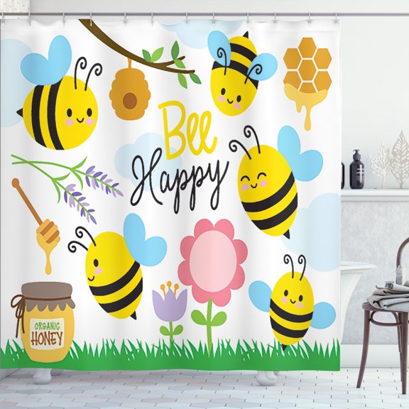 Ambesonne Honey Bee Shower Curtain, Bee Happy Spring Garden, 69"Wx75"L, Multicolor