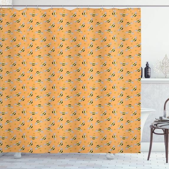 Ambesonne Honey Bee Shower Curtain, Flies and Hexagon Shapes, 69"Wx84"L, Orange Mustard