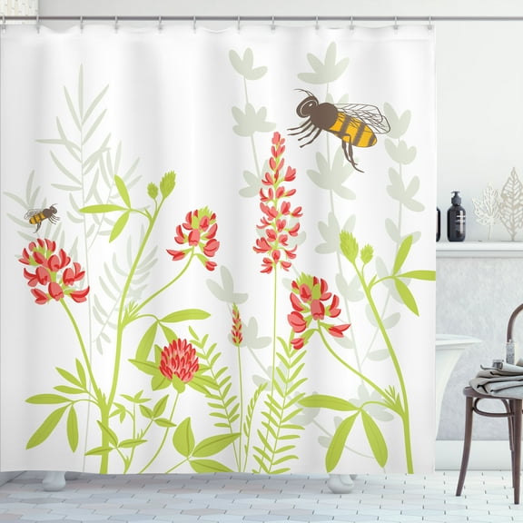 Ambesonne Honey Bee Shower Curtain, Flourishing Botany View, 69"Wx84"L, Apple Green Vermilion