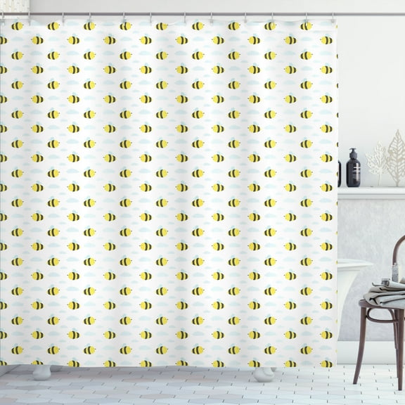 Ambesonne Honey Bee Shower Curtain, Stinging Animals Clouds, 69"Wx70"L, Yellow Pale Blue
