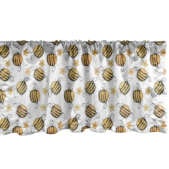 Ambesonne Honey Bee Valance Pack of 2, Hand Drawn Flowers Bees, 42"X12", Peach Dark Brown