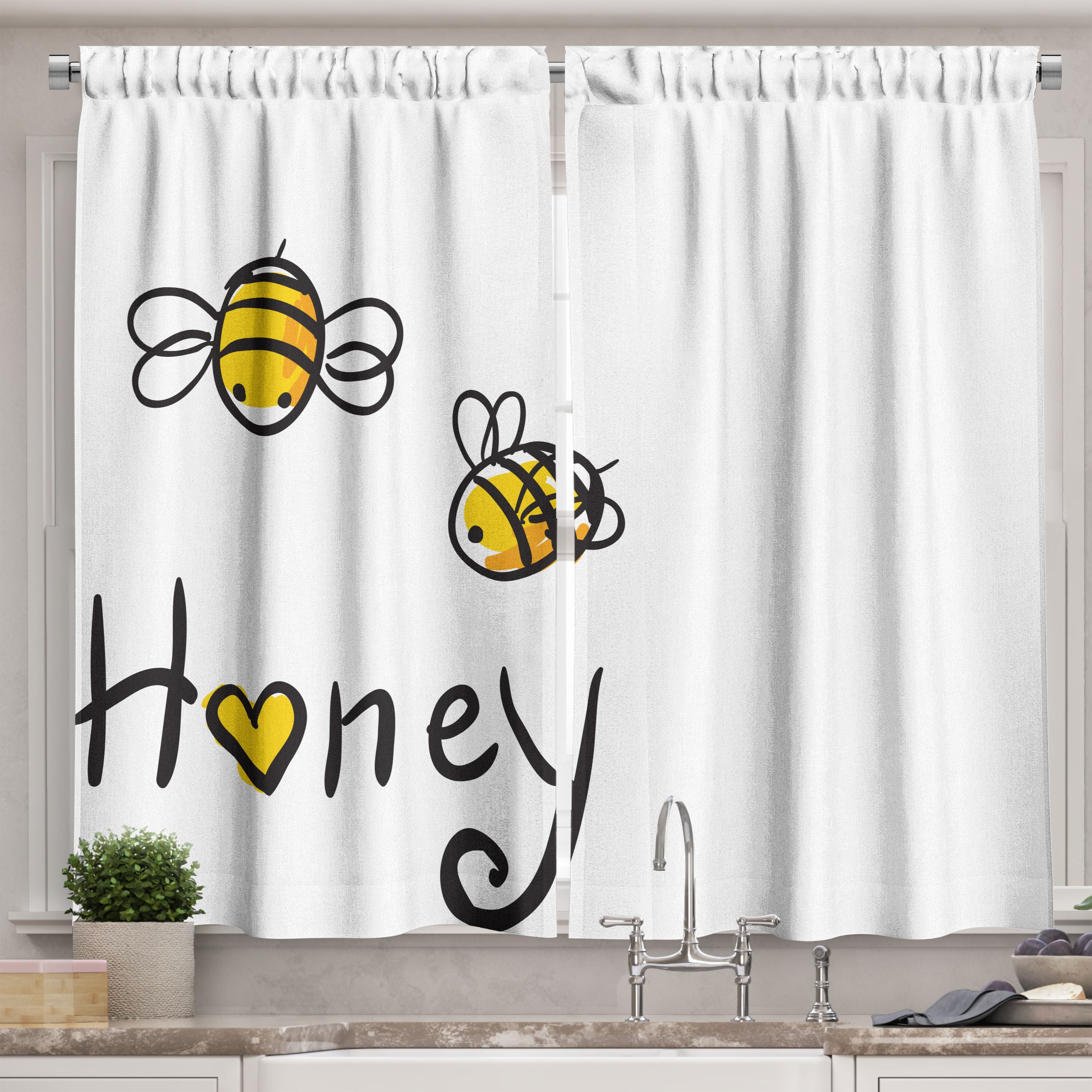 Ambesonne Honey Kitchen Curtains, Hand Drawn Doodle Style Bee, 55"x45", Black White Yellow