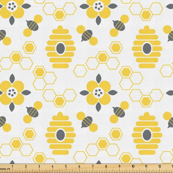 Ambesonne Honeycomb Fabric by the Yard Upholstery, Bees Beehives Flowers, 10 Yards, Earth Yellow White and Grey